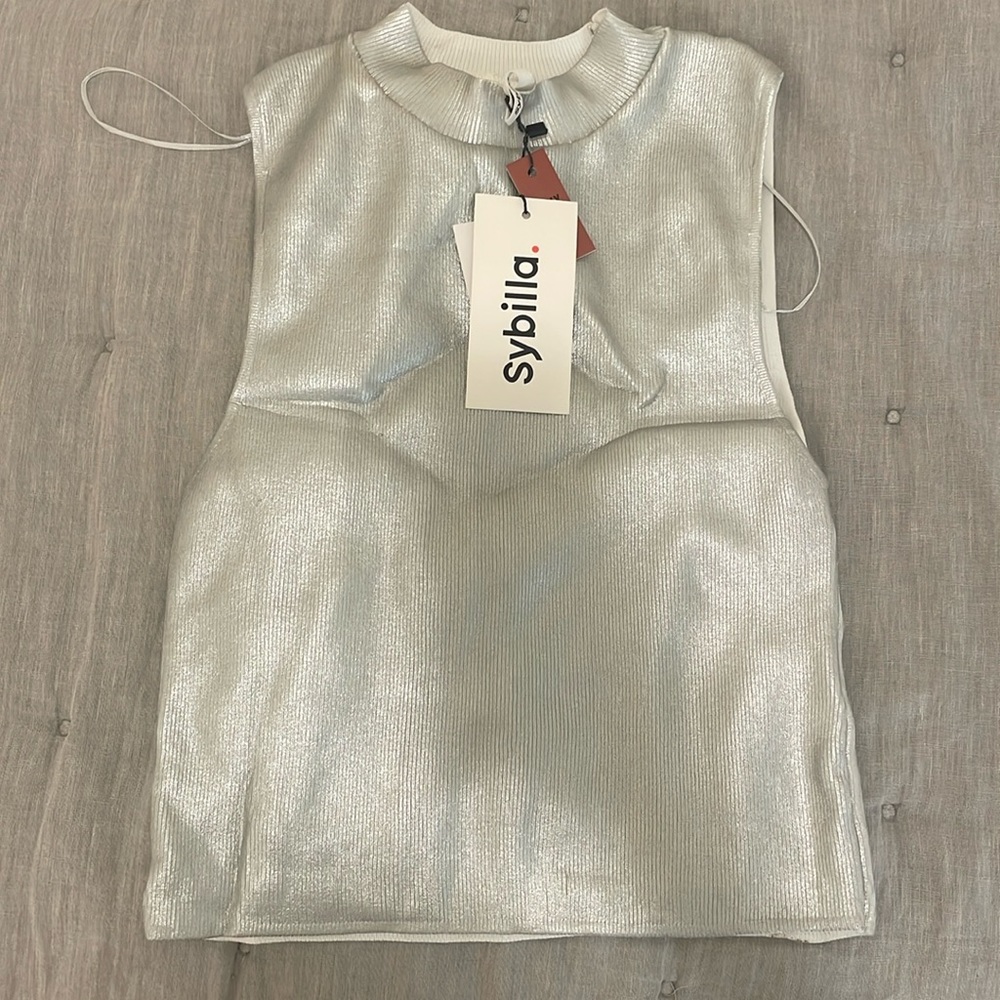 sparkling sliver top, high neck with no sleeves. size M in women